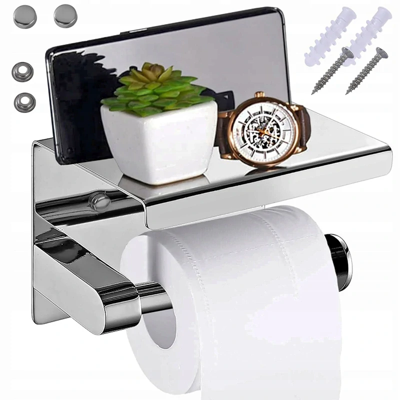 Držiak na toaletný papier s poličkou kovový strieborný