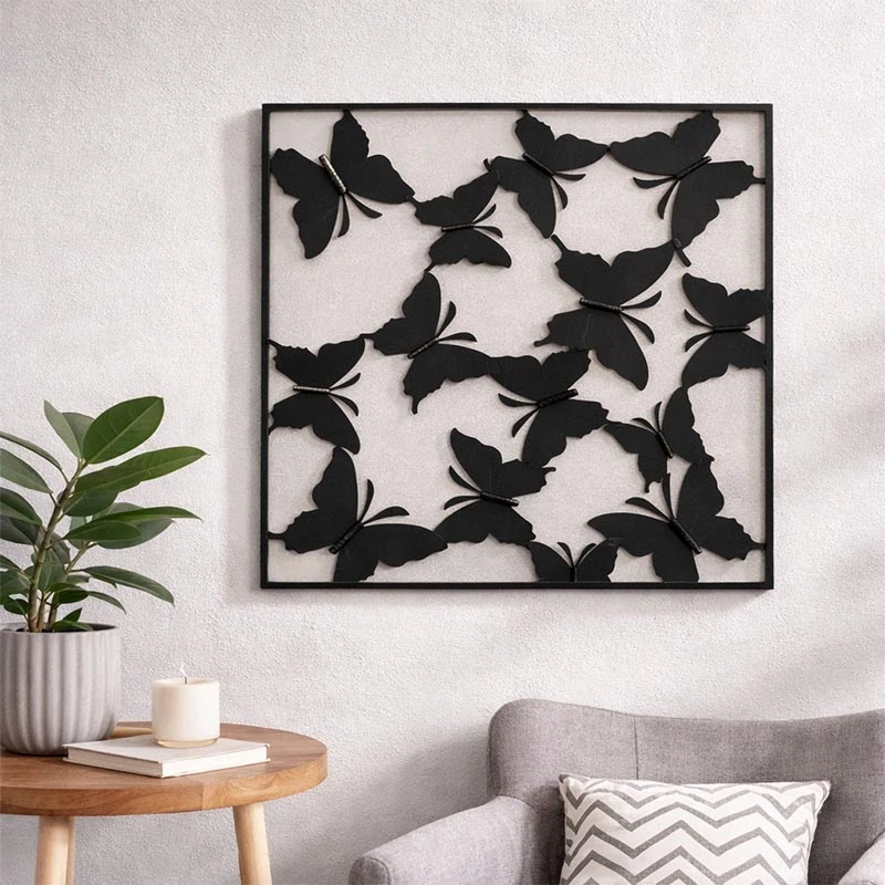 Kovový obraz s motýľmi 38 × 38 cm čierna farba