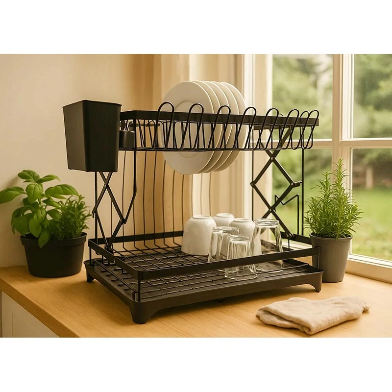 Skladací dvojúrovňový odkvapkávač na riad s odkvapkávacou miskou a držiakom na príbory ()