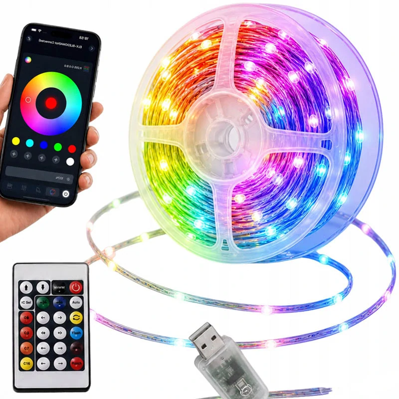 RGB LED svetelná reťaz 5 m USB s diaľkovým ovládaním, aplikáciou a Music Sync