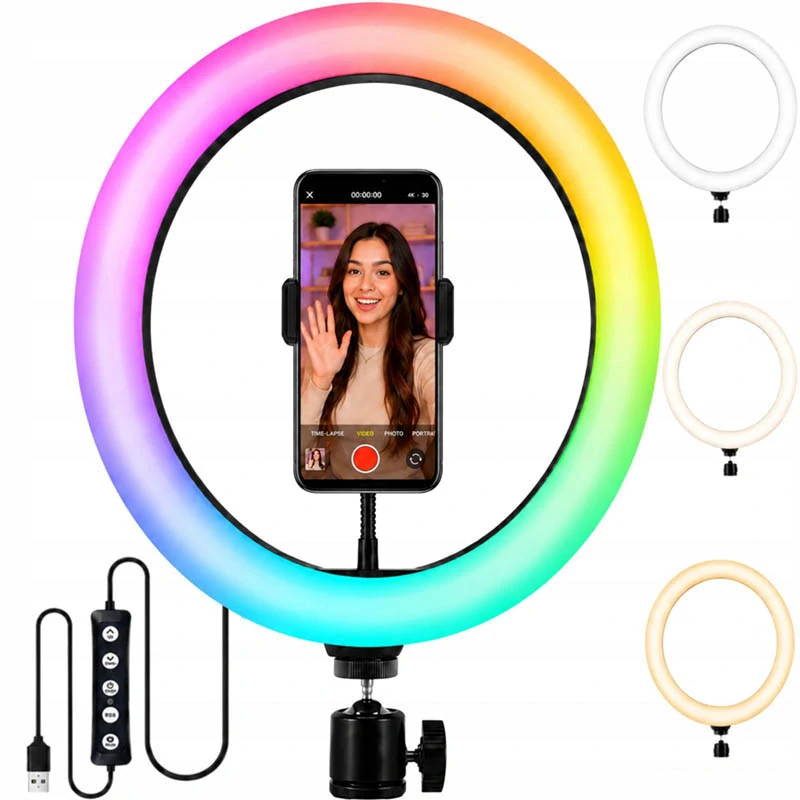 RGB LED kruhová lampa 34 cm s držiakom na telefón a USB napájaním