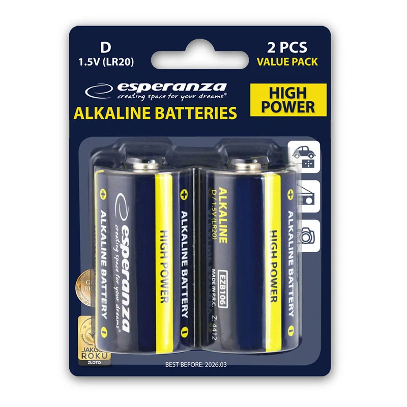 Alkalické batérie Esperanza D LR20 1,5 V – 2 ks