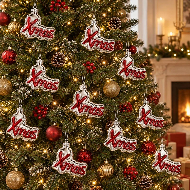 Sklenená vianočná ozdoba Xmas 9,5 cm – strieborná s červeným nápisom