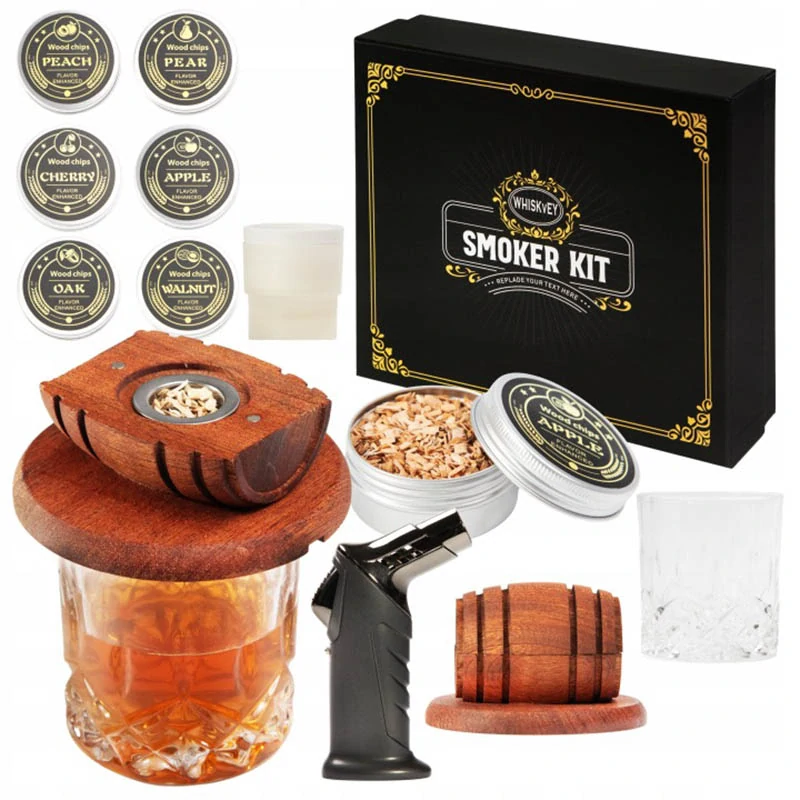 Sada na aromatizovanie whisky dymom s horákom pohármi a 6 druhmi dreva
