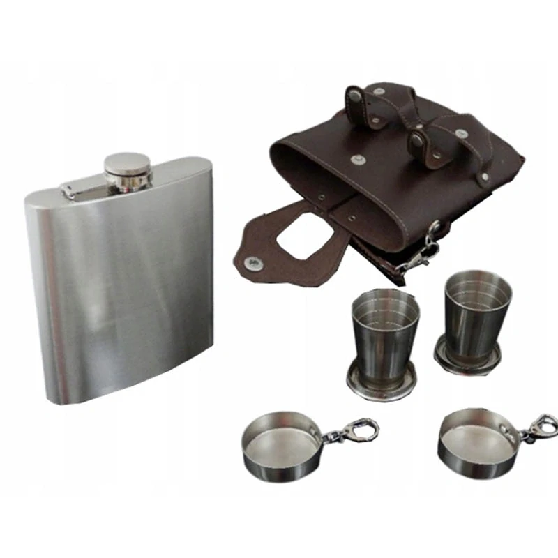 Nerezová ploskačka 450ml s pohárikmi v koženom púzdre