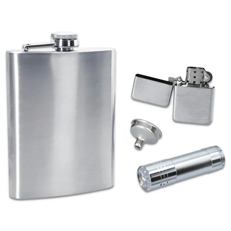 Ploskačka 240ml so zapaľovačom, baterkou a lievikom