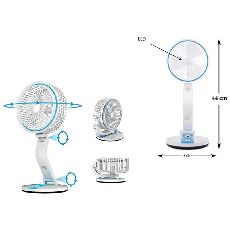 Bezdrôtový skladací ventilátor s LED lampou modrý