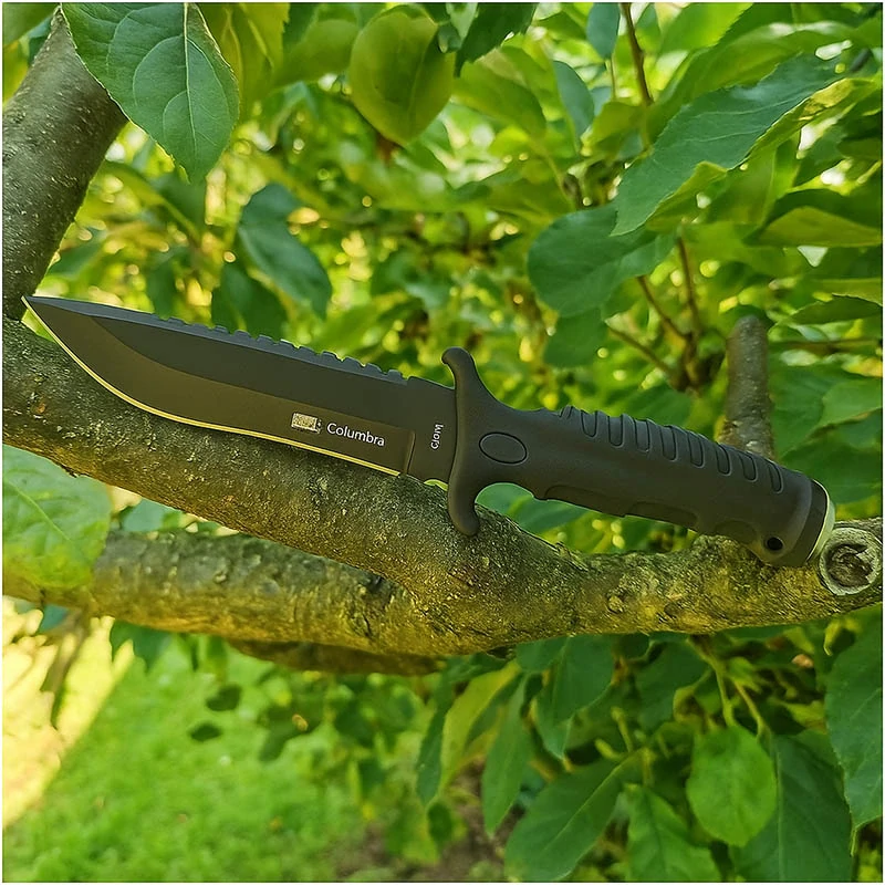 Poľovnícky nôž Columbia 33 cm s čiernou čepeľou a nylonovým puzdrom