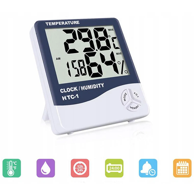 Vnútorný elektronický teplomer s hodinami HTC-1