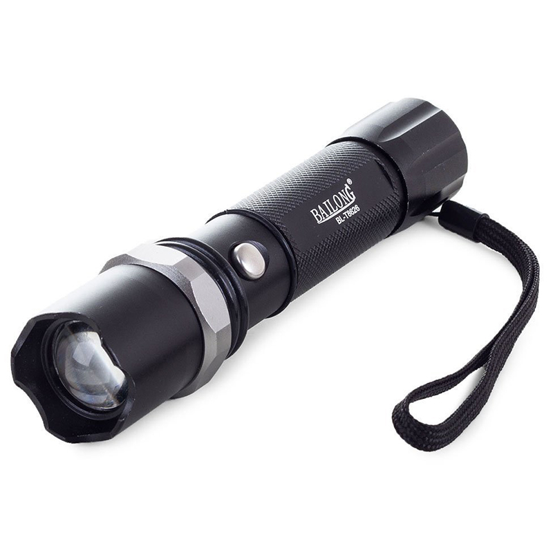 LED baterka Bailong s nabíjaním, zoomom a signalizačným prekrytím