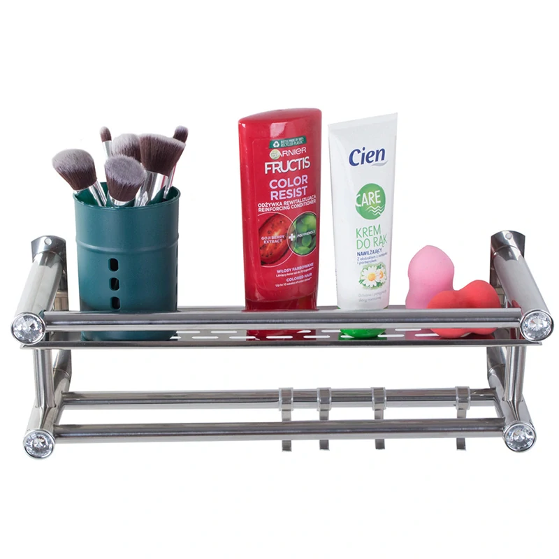 Nástenná polička do kúpeľne hliníková so závesnou tyčou a háčikmi strieborná