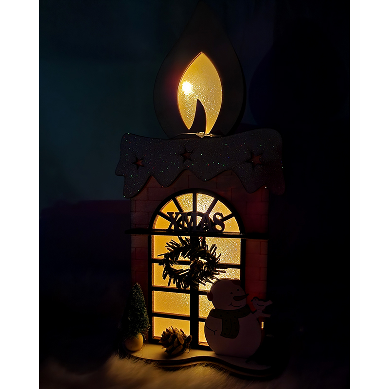 Drevená LED dekorácia - rozprávkový vianočný domček so snehuliakom