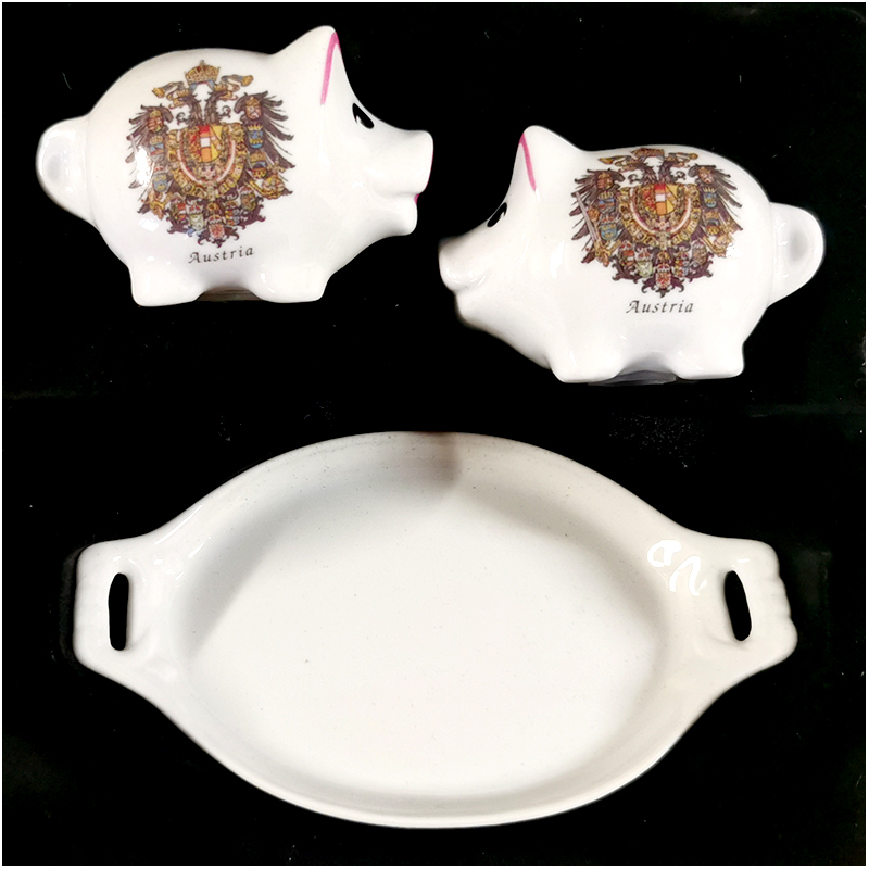 Reutter Porzelan - Koreničky s podnosom Prasiatko Austria 2ks