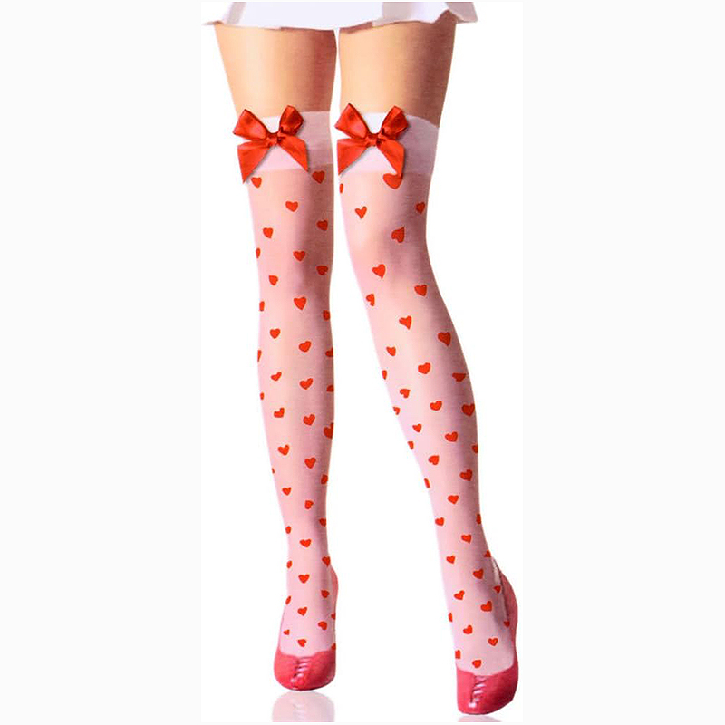 Pleasure - Sexy erotické pančuchy biele s mašľou a srdiečkami