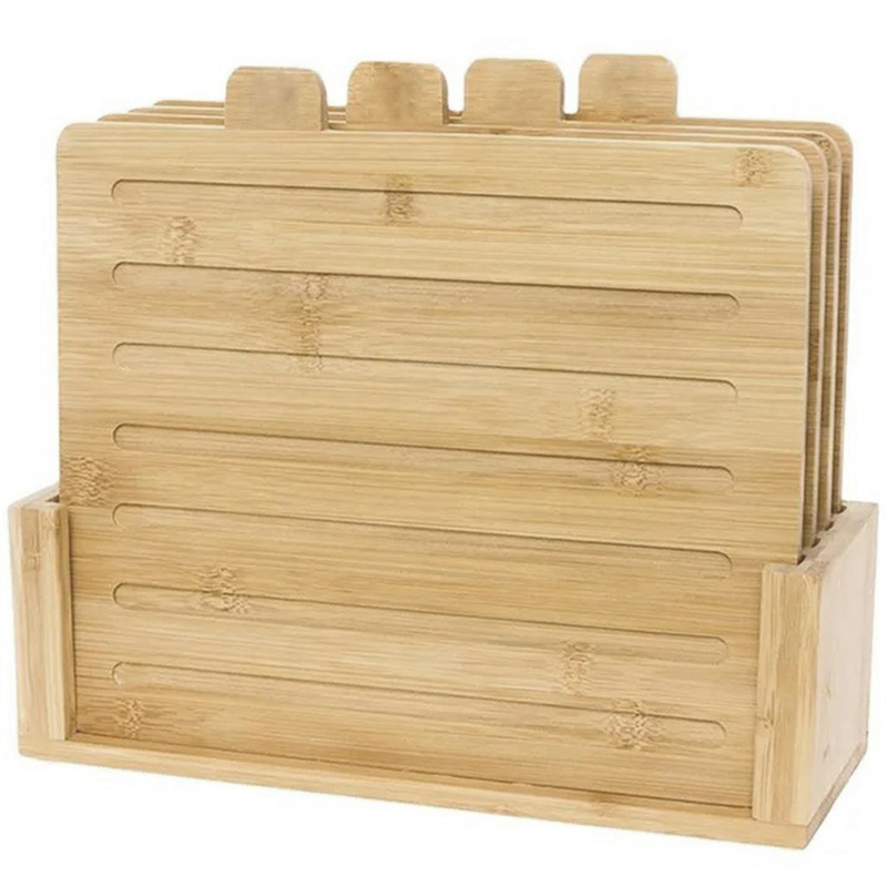 Sada 4 bambusových dosiek na krájanie so stojanom