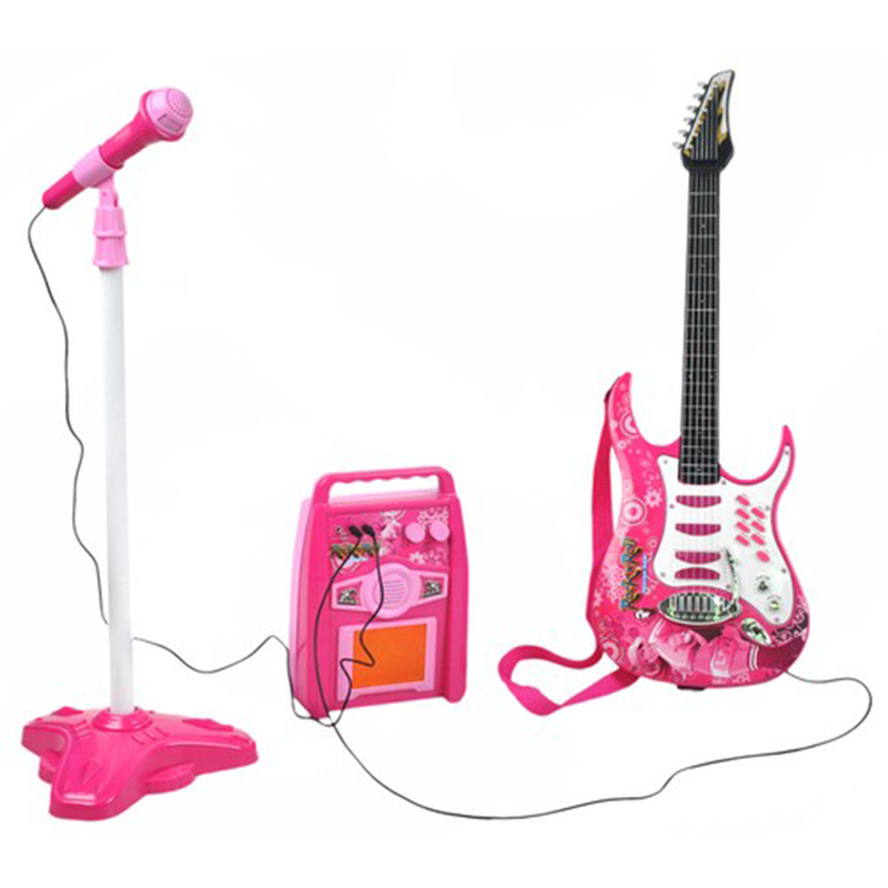 Elektrická gitara s mikrofónom a zosilňovačom ružová