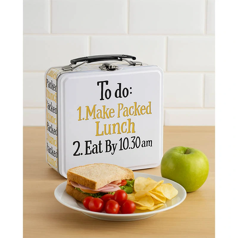 Kovový kufrík na desiatu a obed: Eat bye 10.30 a.m.