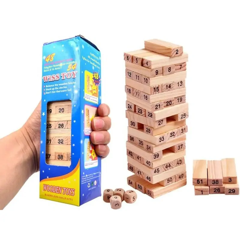 Rodinná hra Jenga drevená 54ks + hracie kocky