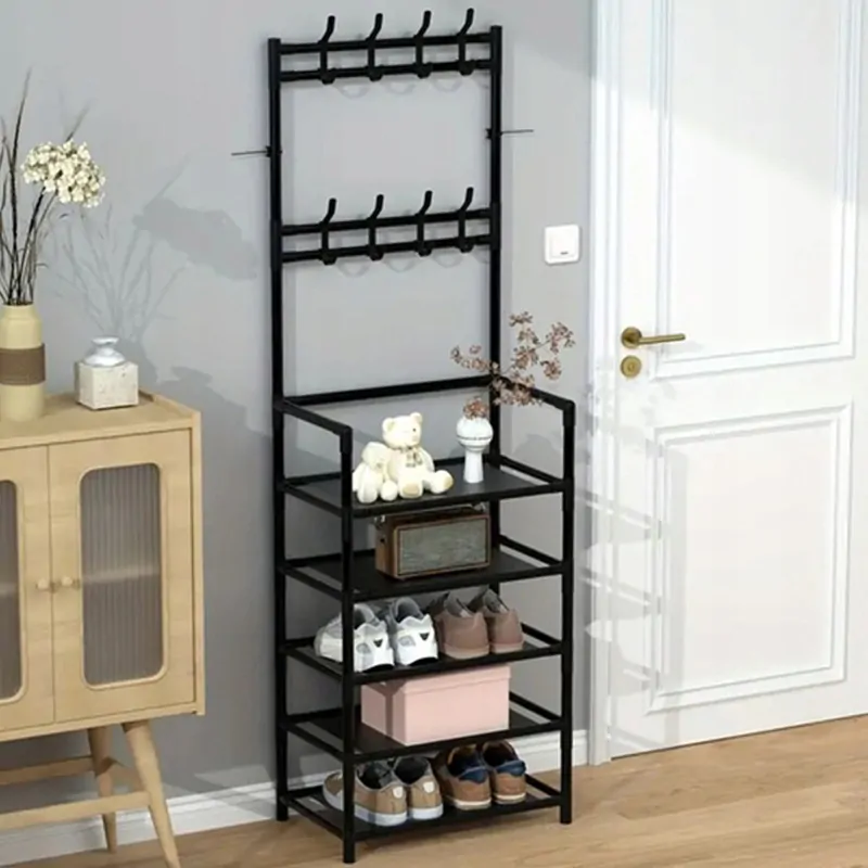 Kovový regál na topánky s vešiakmi čierny 168 x 60 x 26cm