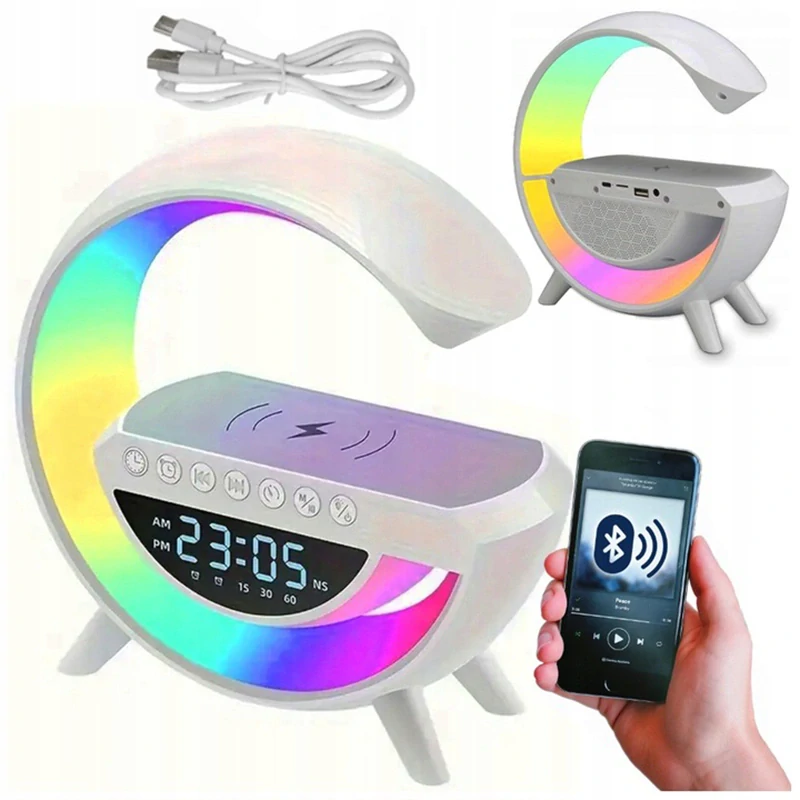 Indukčná nabíjačka s lampou, hodinami a bluetooth reproduktorom