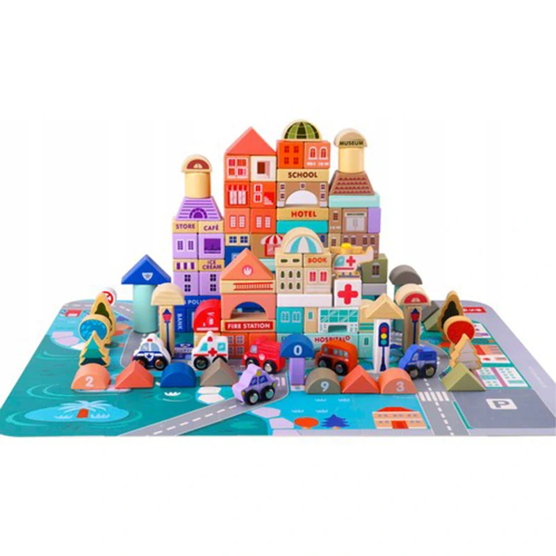 Detské drevené kocky Mesto 115 dielov s puzzle podložkou