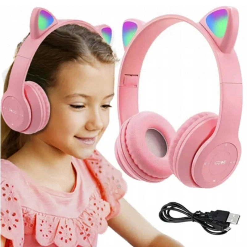 Bezdrôtové slúchadlá RGB s mačacími uškami ružové