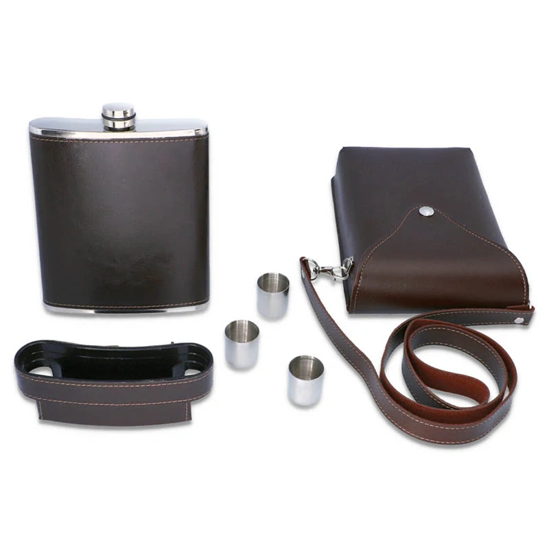 Ploskačka 540ml s pohárikmi v koženom púzdre s pohárikmi