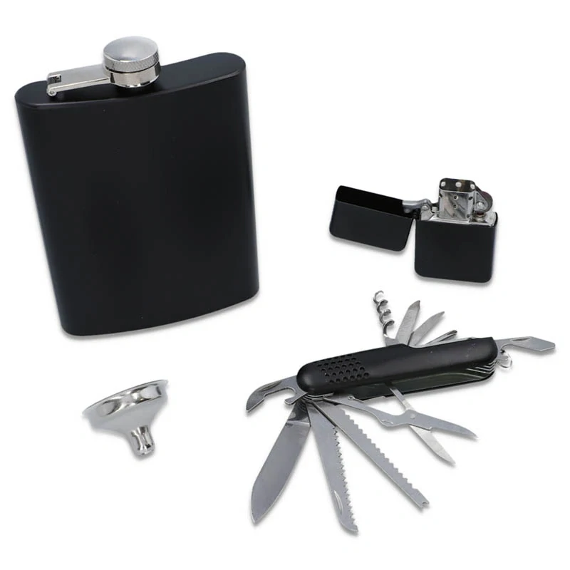 Ploskačka 240ml so zapaľovačom, multifunkčným nástrojom a lievikom