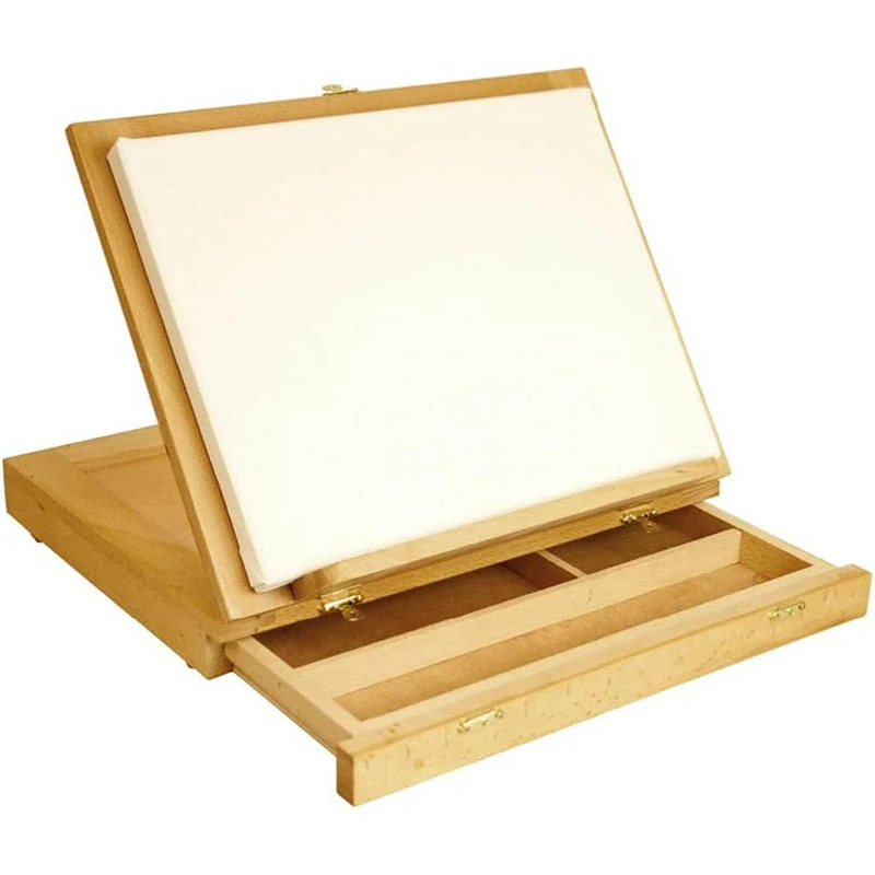 Drevený maliarsky stojan s úložnou zásuvkou