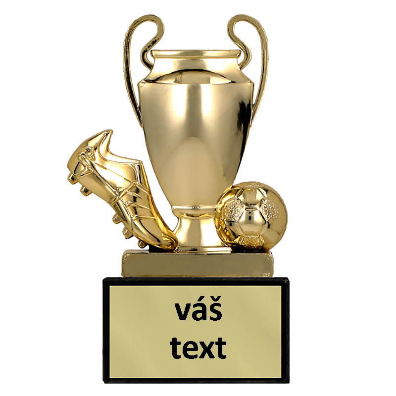 Futbalová kopačka s loptou a pohárom - Športová trofej na podstavci s vlastným textom 10cm : zlatá
