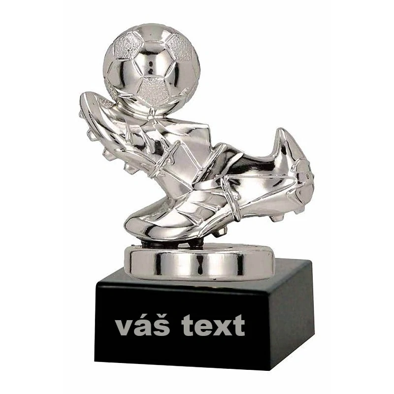 Futbalové kopačky s loptou - Športová trofej na podstavci s vlastným textom 10,5 cm: strieborná