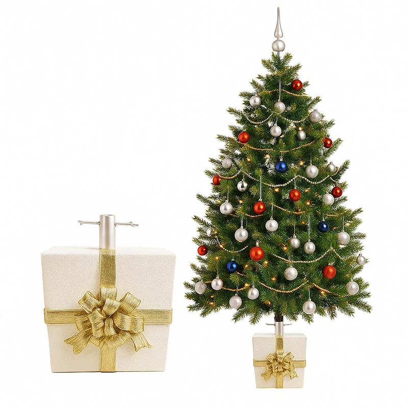 Dekoratívny stojan na vianočný stromček v tvare darčeka – krémový, 25 × 20,5 × 31,5 cm
