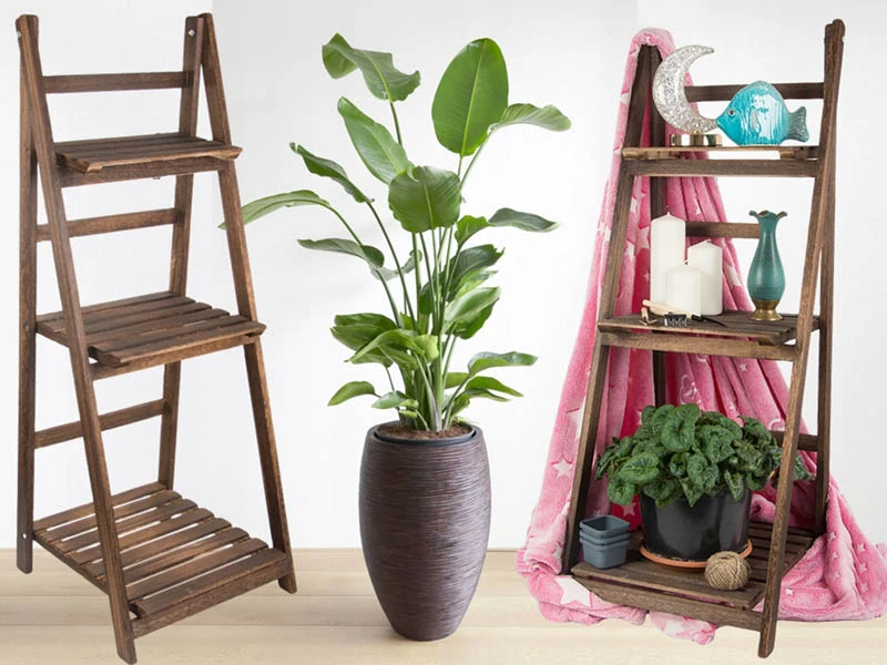 Drevený stojan na kvety rebrík 107cm s 3 policami hnedý