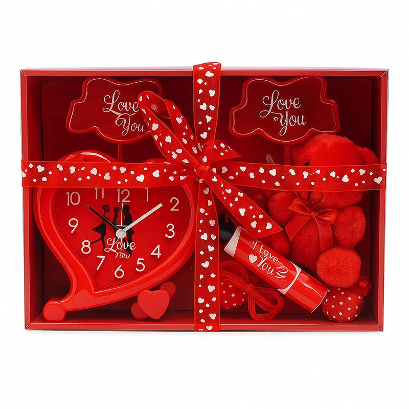 Valentínsky darčekový set s medvedíkom, ružou a hodinkami – 21 x 15 x 9 cm