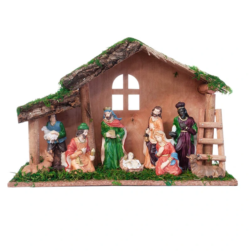 Veľký drevený betlehem s farebnými figúrkami – 40 × 14 × 26 cm