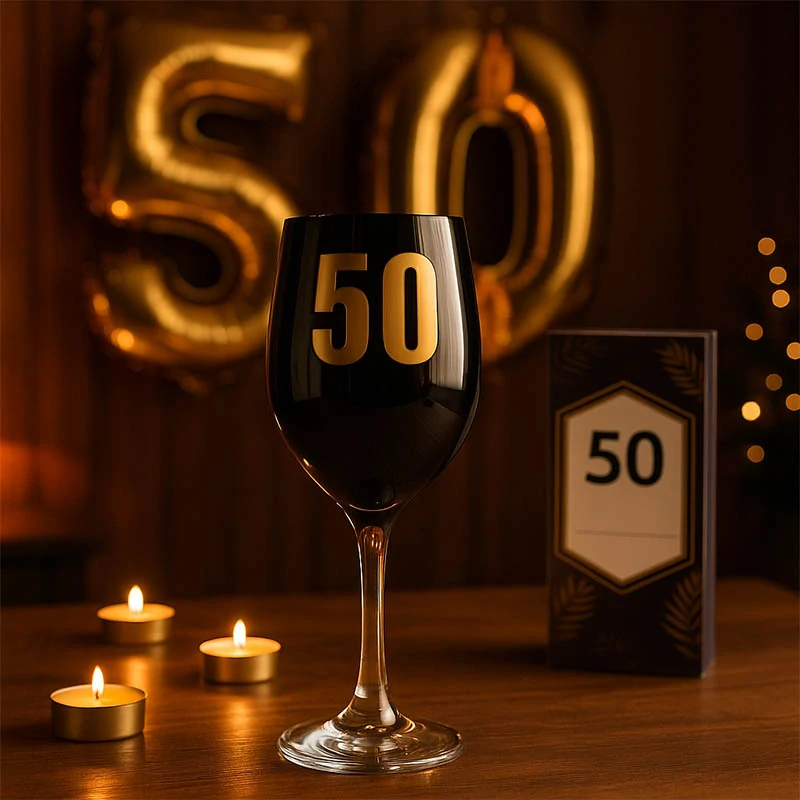 Čierna čaša na víno – darček na 50. narodeniny: 22 cm