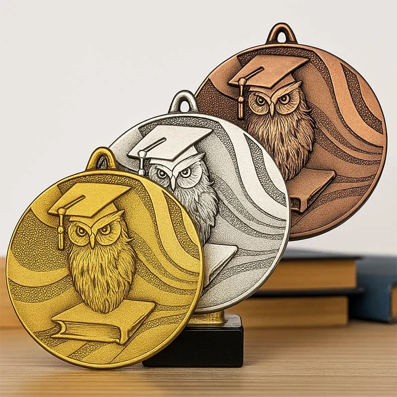 Medaila kovová Sova s knihou zlatá - ø50mm / emblém 50mm