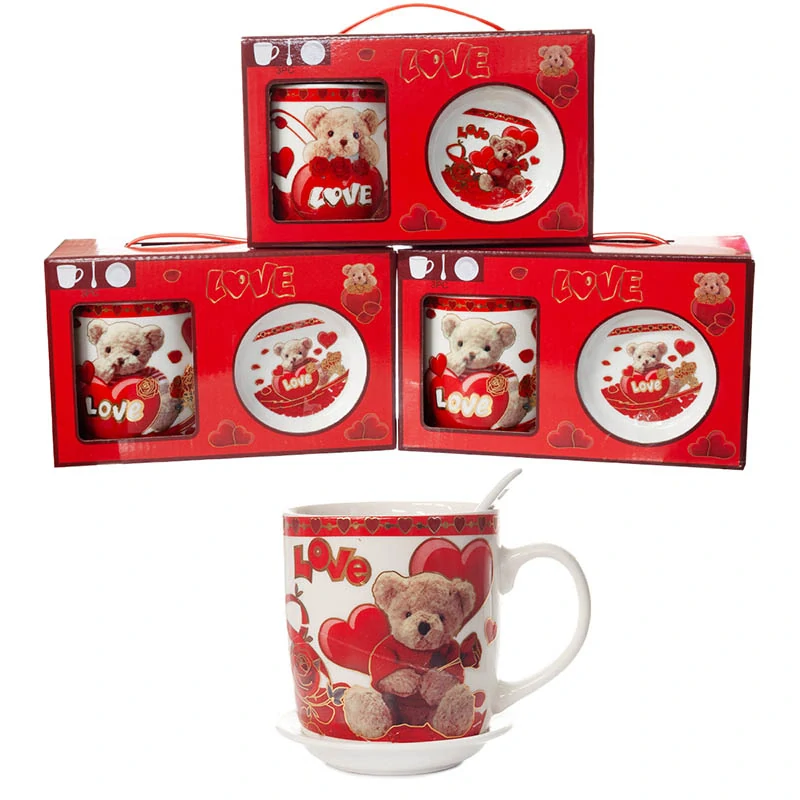 Darčekový hrnček so srdiečkami a medvedíkom – s pokrývkou a lyžičkou: objem 300 ml