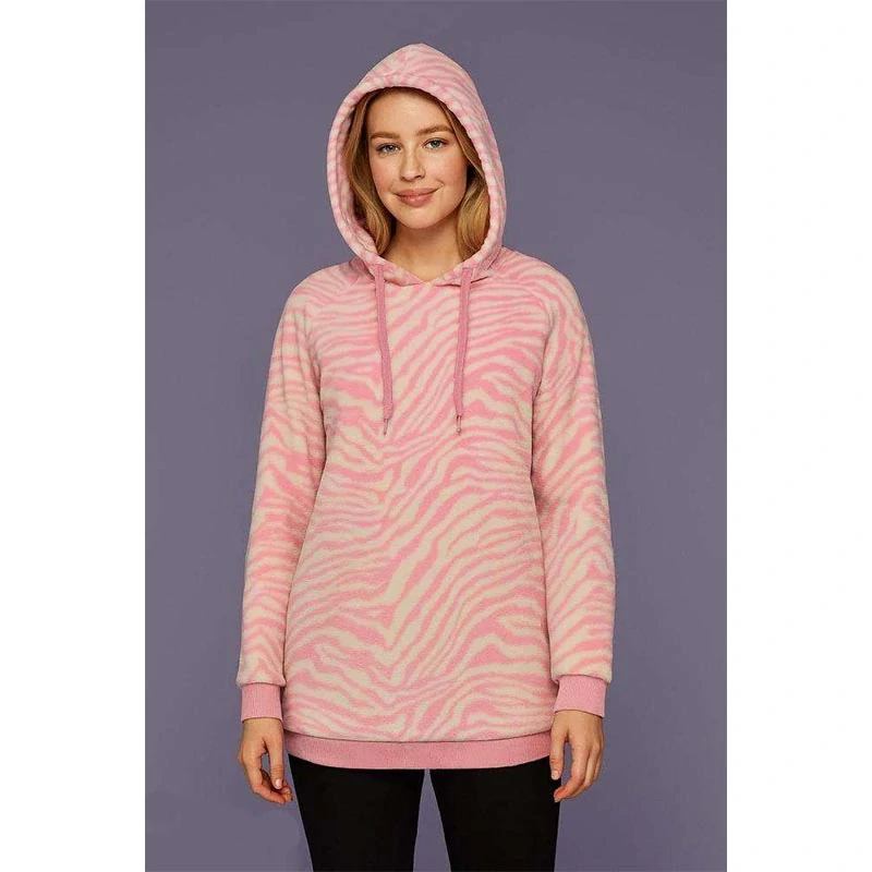 Dámsky mikinový sveter s kapucňou – ružovo-biely zebra vzor, veľkosť M