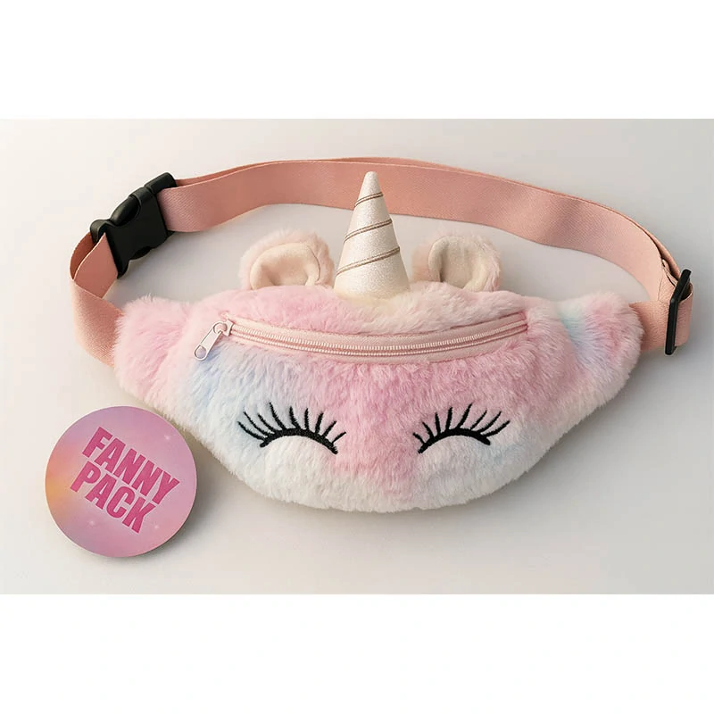 Jednorožec - Detská ľadvinka s dúhovou kožušinkou a ružovým pásom