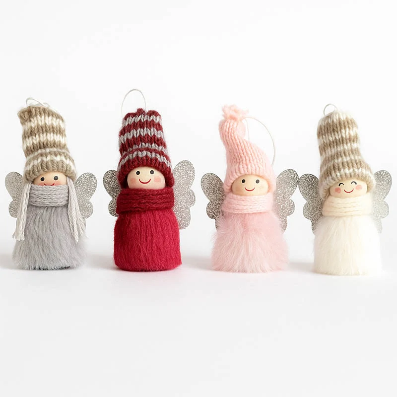 Vianočné ozdoby bábiky s pletenými čiapkami a krídelkami – 4 ks, výška 9 cm
