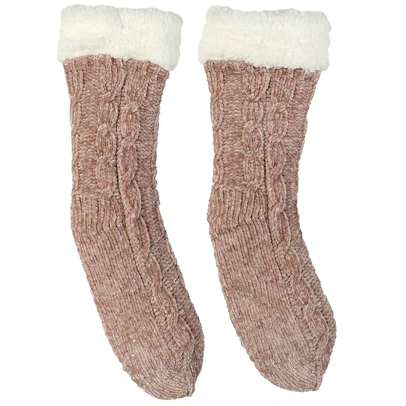 Intesi - Ružové chenilkové ponožky 36–41 s bielou kožušinou, teplé a mäkké