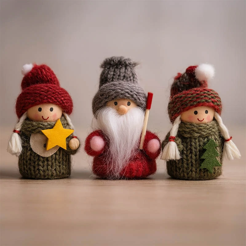 Vianočné ozdoby bábiky s pletenou čiapkou a svetrom – 3 ks, výška 7 cm