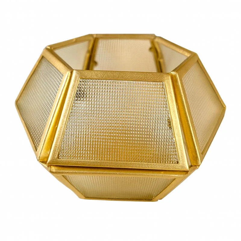 Zlatý kovový a sklenený svietnik, 11 × 12,5 × 7,7 cm