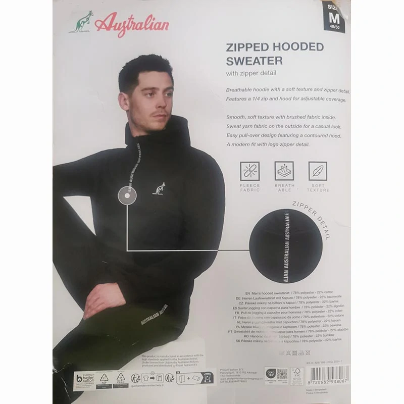 Australian - Pánska mikina Zipped Hooded Sweater: čierna, veľkosť M (48/50)