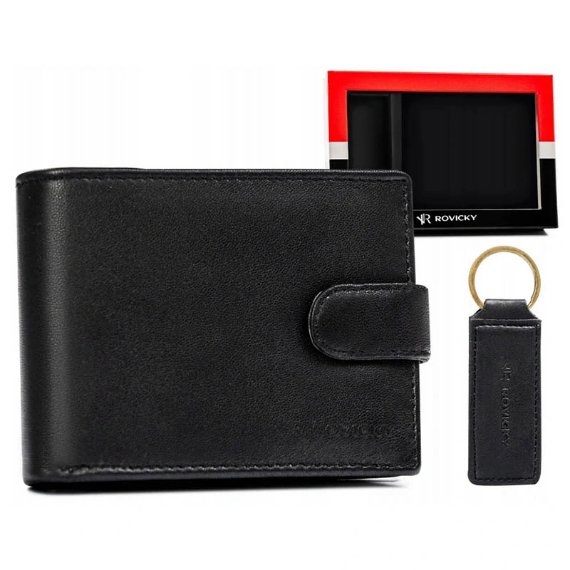 Darčeková sada Rovicky® – pánska peňaženka a kľúčenka z pravej kože - čierna