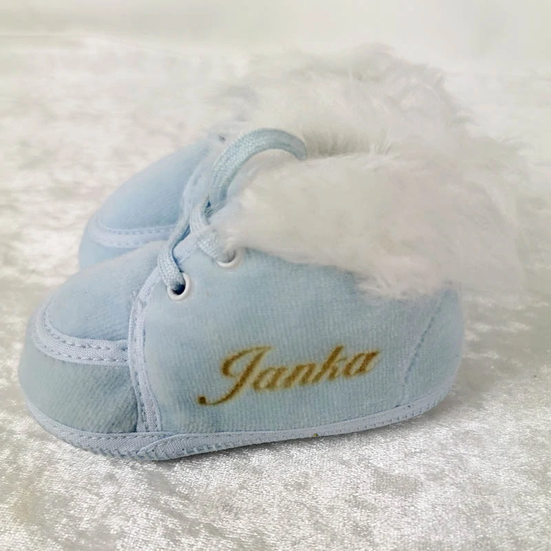 Christopher - Detské topánky - Capáčky menčestrové modré s bielou kožušinkou a menom