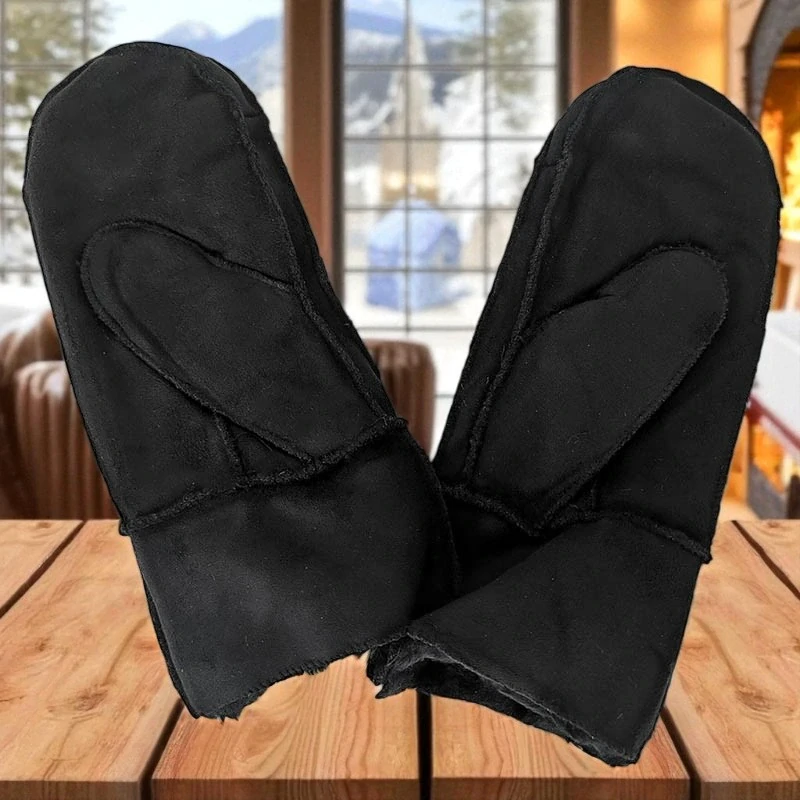 Zimné rukavice z brúsenej kože s kožušinou vo vnútri – čierne