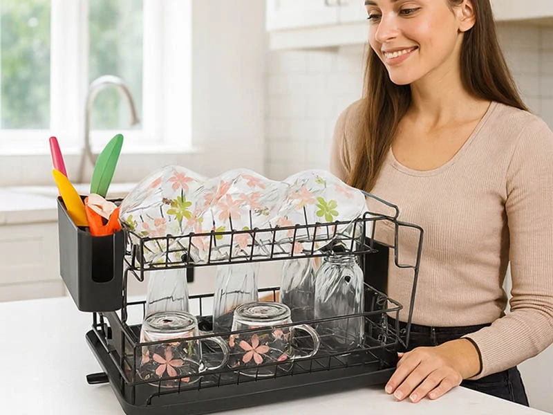 Dvojposchodový odkvapkávač na riad s táckou a priehradkami