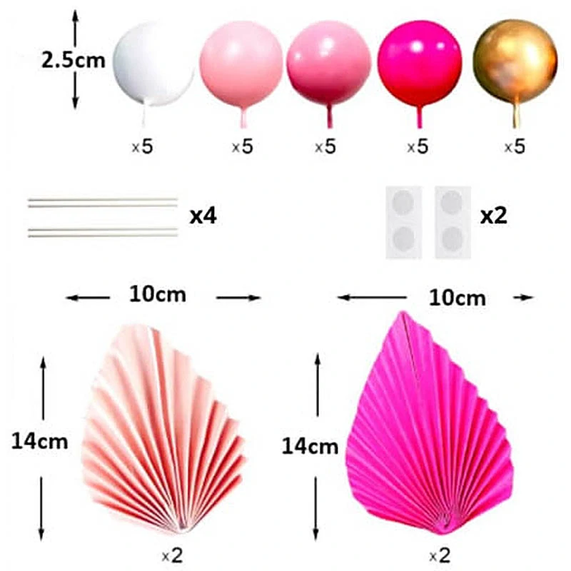 Dekoratívne zapichovacie guličky a vejáre na tortu ružové + zlaté + biele 29ks